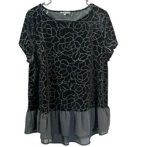Adrianna Papell XL Sheer Velvet Floral Ruffle Top Black‎ Short Sleeve Whimsygoth